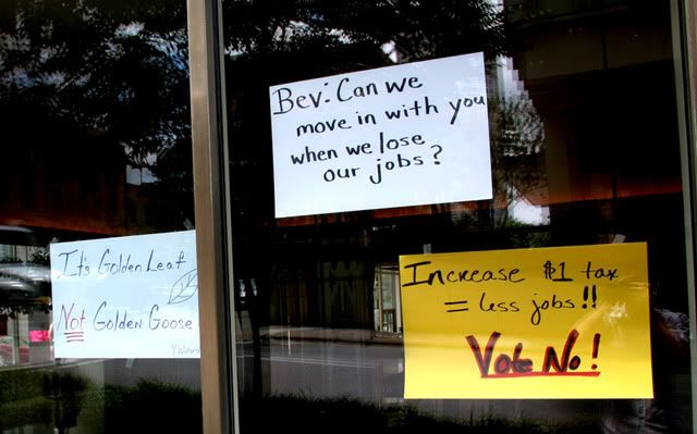 Anti-Perdue signs at RJReynolds Tobacco corporate HQ