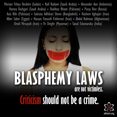 poster listing people harmed by blasphemy laws around the world