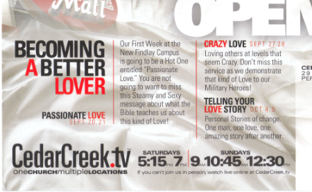 scan of Steamy and sexy message on Cedar Creek Church flyer