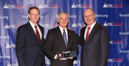 photo of Tony Perkins, President of the Family Research Council (L) with Rep. Bob Latta (R-OH5) at the True Blue Award photo-op