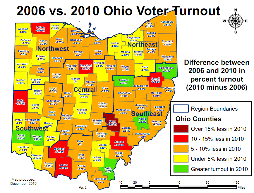 Map of Ohio showing change in turn out from 2006 to 2010