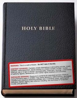 image of a Holy Bible with a warning sticker