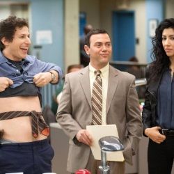 Andy Samberg, Joe Lo Truglio, and Stephanie Beatriz on 'Brooklyn-Nine-Nine' photo of Andy Samberg, Joe Lo Truglio, and Stephanie Beatriz on 'Brooklyn-Nine-Nine'