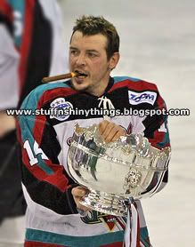 Theo Fleury lifts the Monteith Bowl for the EIHL league champions, The Belfast Giants.