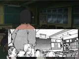 A classroom of scared children. The anime and manga are merged by having a section of an anime screenshot replaced by the manga illustration it was based on.