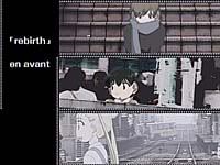 The main girls from the ending of the anime with the text 'rebirth, en avant' on a black column aligned to the left.