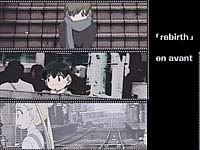 The main girls from the ending of the anime with the text 'rebirth, en avant' on a black column aligned to the right.