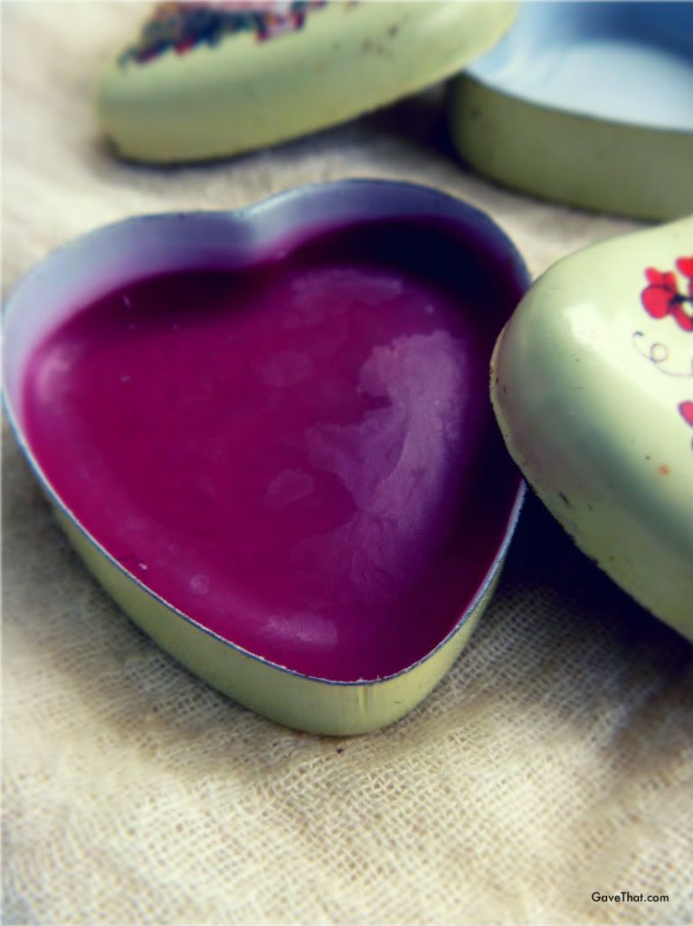 DIY homemade rosy lip gloss balm in vintage heart shaped tins Valentines gifts