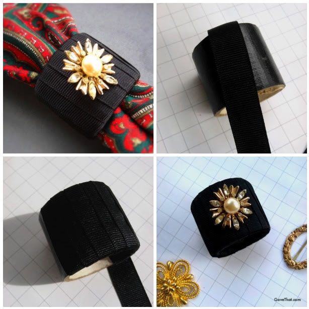 Step by step how to make DIY Grosgrain Ribbon Napkin Rings with vintage jewelry embellishments