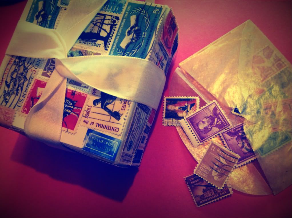 postage stamp covered present