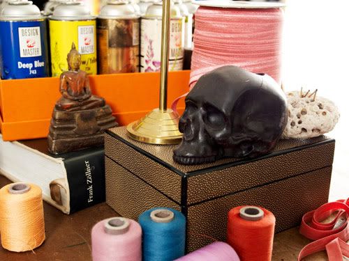 Irina Shabayeva workroom with skull candle Photo credits Perry Hagopian from Marie Claire magazine