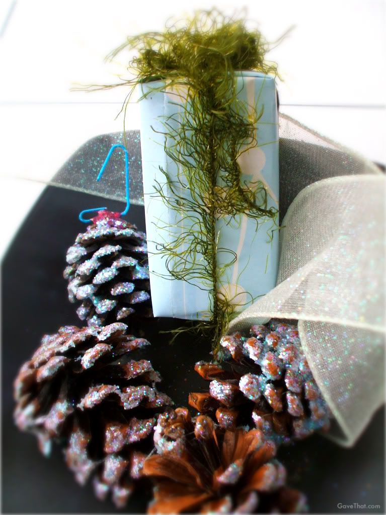 mam for gift blog gave that DIY glitter covered pine cones and snowflake wrapped gift