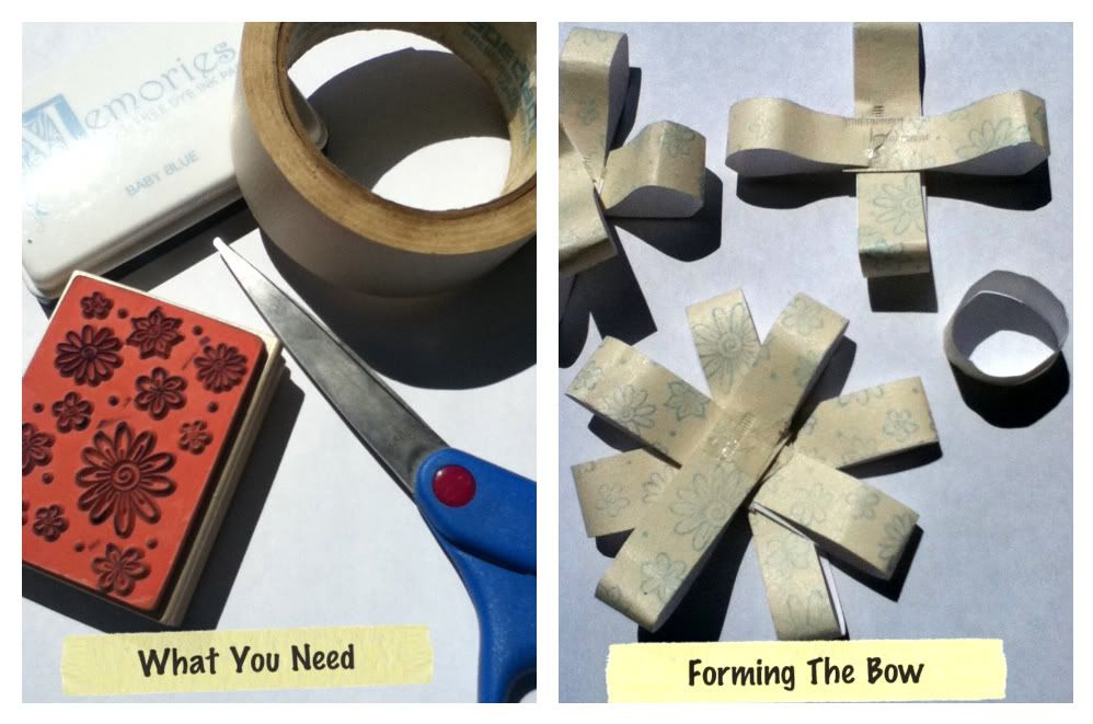 how to make the masking tape gift bows and the materials needed making tape scissors ink pad rubber stamps white paper