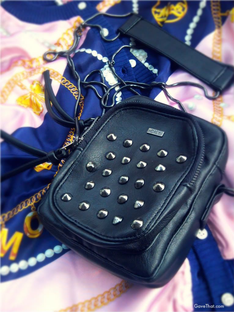 Obey studded camera bag Married to the MOB scarf cardigan from sample sales