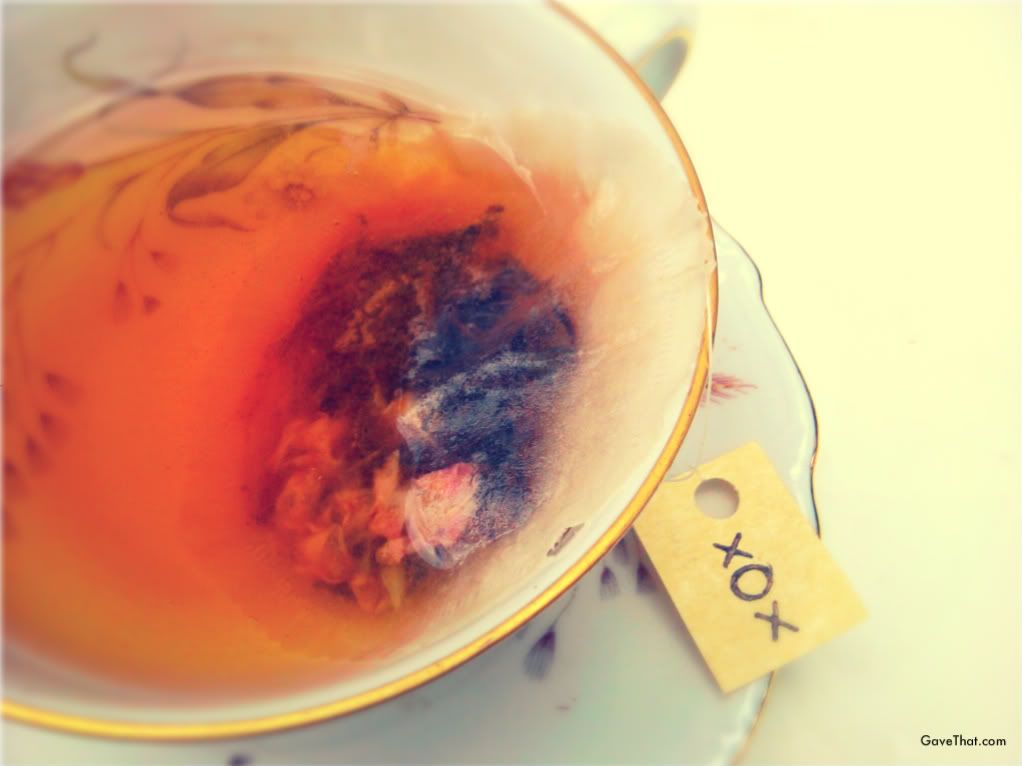 Homemade lavender rose tea bag in a vintage china tea cup DIY project