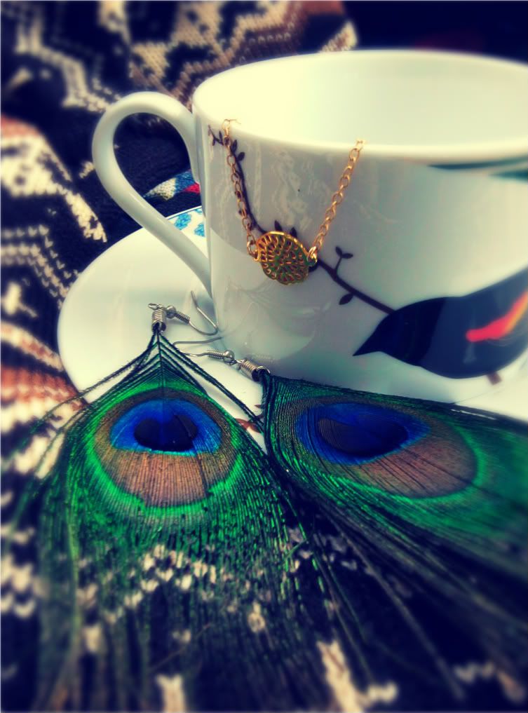 Gorjana bracelet Urban Behavior vest Seconds tea cup peacock feather earrings