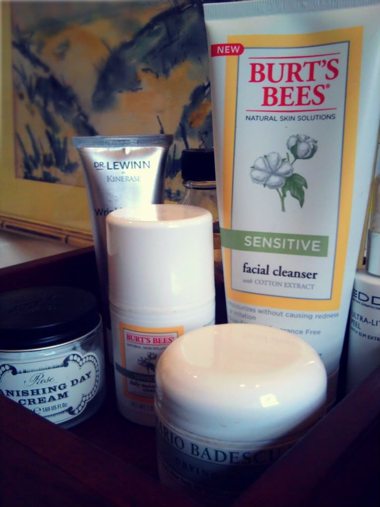 Cool weather skin essentials on my daily hit list Burts Bees sensitive facial cleanser Burts Bees sensitive daily moisturizing cream Dr Lewinn by Kinerase wrinkle repair daily cream spf 30 moisturizer Boots rose vanishing day cream diy rose water