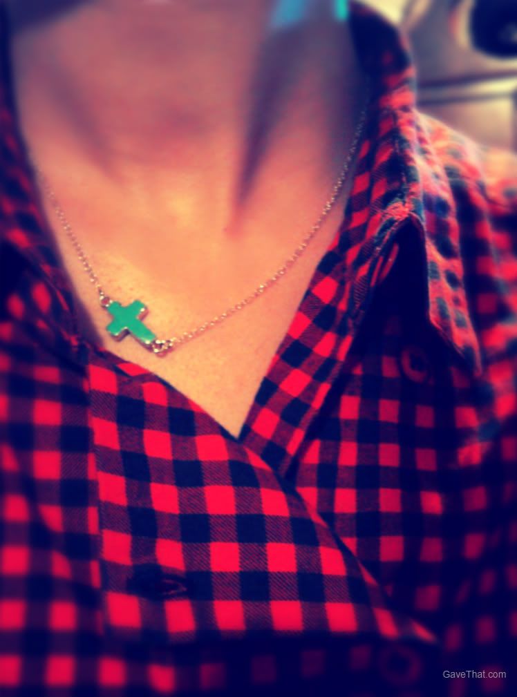 Wearing a turquoise Ceek sideways cross necklace with my vintage red check shirt