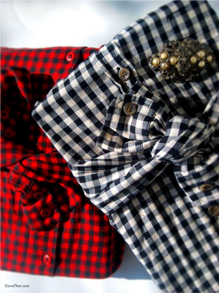 Check shirts wrapping a package inspired by Wrapagami by Jenn Playford with vintage pin
