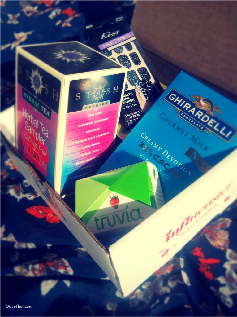 Influenster Love VoxBox filled with goodies including Stash herbal tea Ghirardelli chocolate Kiss Nail Dress Gillette Truvia keep reading on how you can get a surprise box too