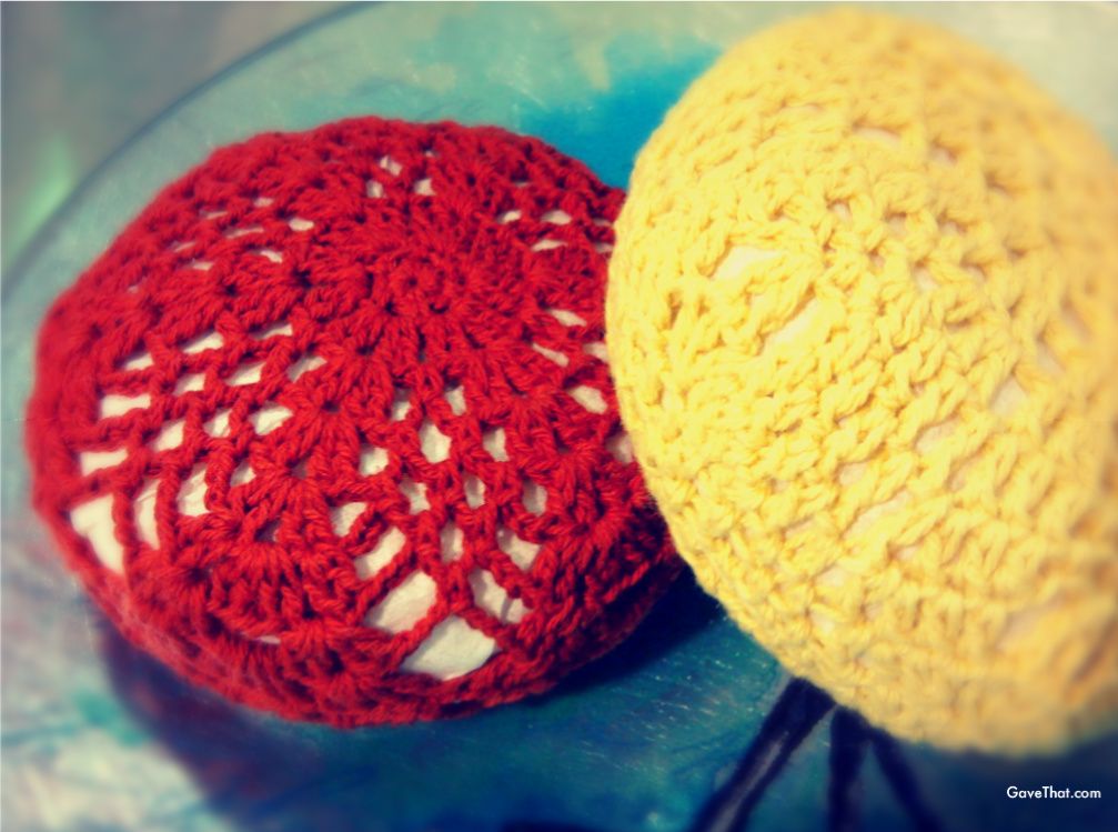 Crochet covered gift soaps in red and yellow