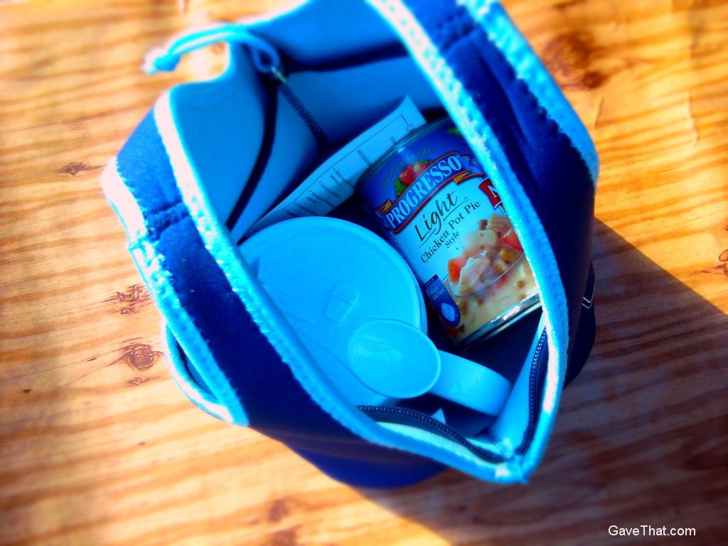 Reusable neoprene lunch tote bag filled with Progresso Light Soup a soup cup set and water bottle