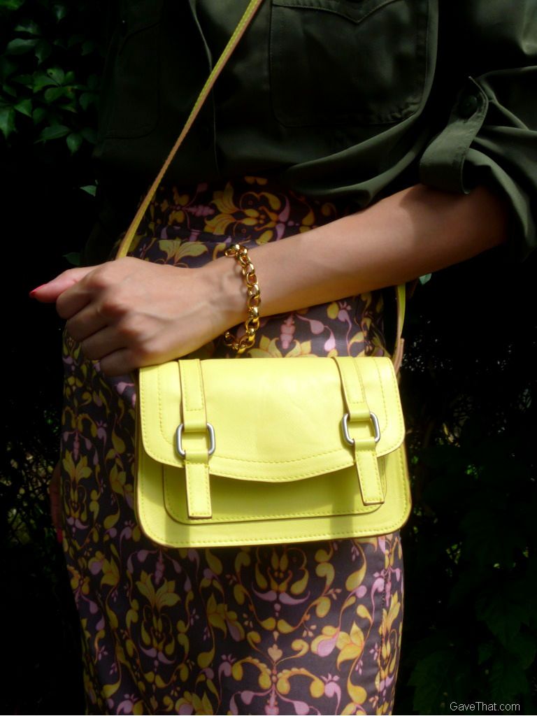 Wearing Shabby Apple skirt and neon yellow Old Navy bag