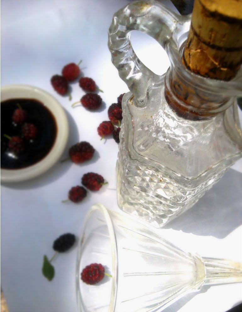 Glass bottle and funnel for gifting mulberry flavored vinegars