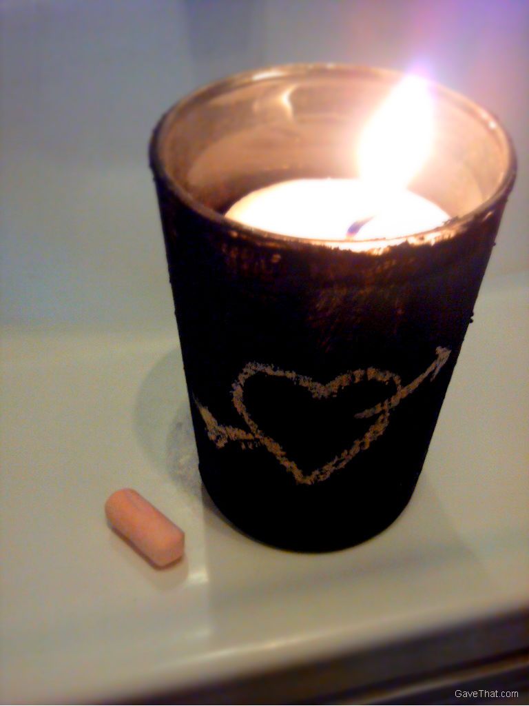 Handpainted DIY Chalkboard painted votive candle with chalky heart