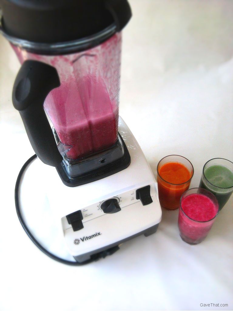 Juicing with the latest version of the Vitamix and glasses of carrot green drink and beet juices