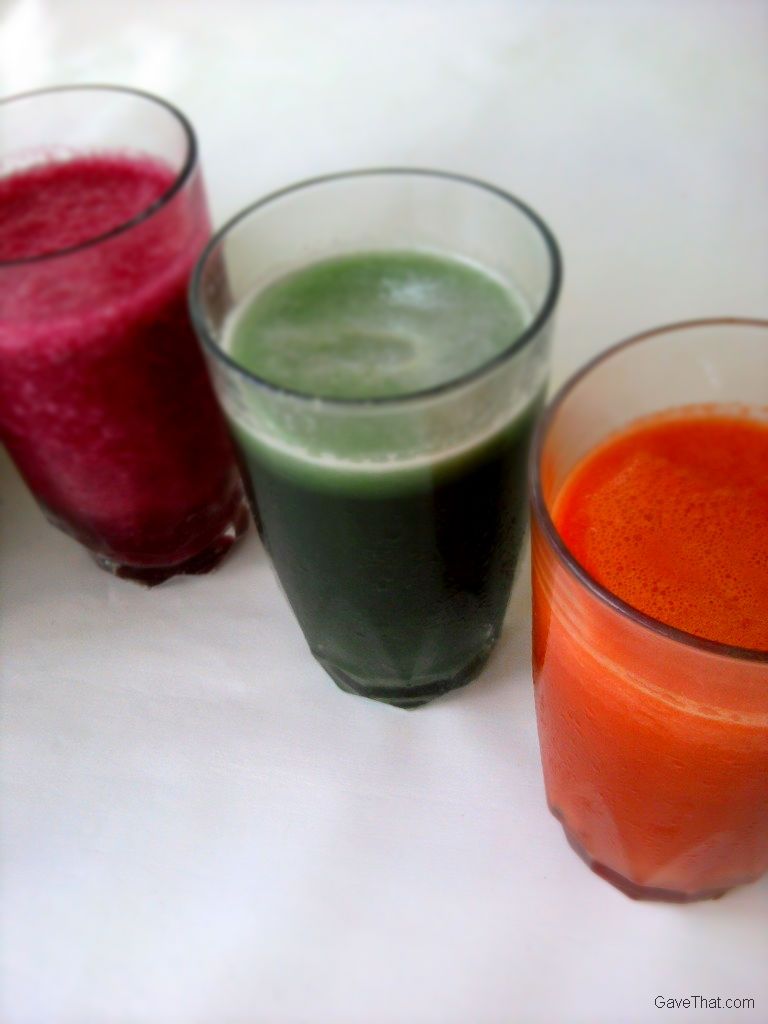 Fresh juices made in the Vitamix beet green drink and carrot