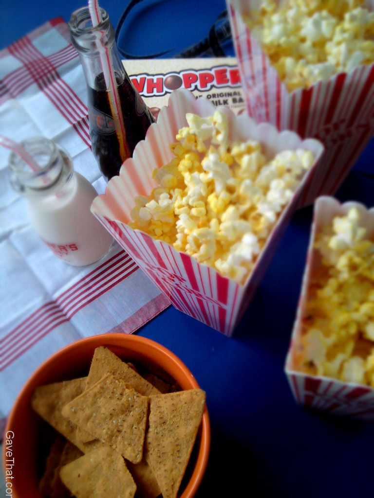 Popcorn, theater candy and sweet potato chips for movie night