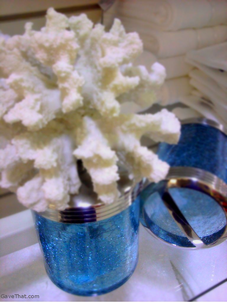 Blue glass jars with white coral DIY project