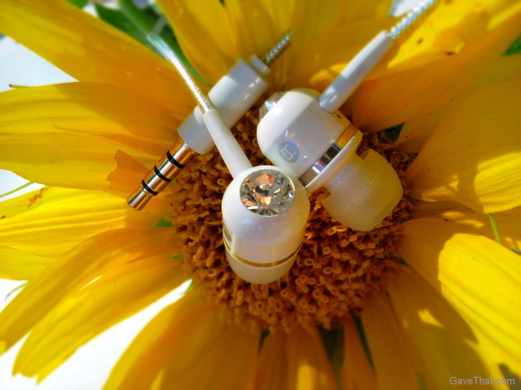 Base Buds ear buds in limited edition white with Swarovski gems and gold plated jack
