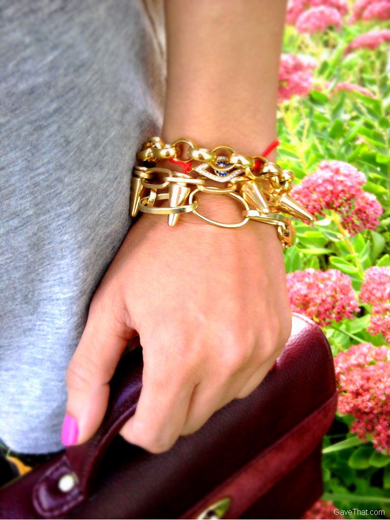 Chunky gold chain bracelets and evil eye bracelet by Alef Bet Arm Candy finds