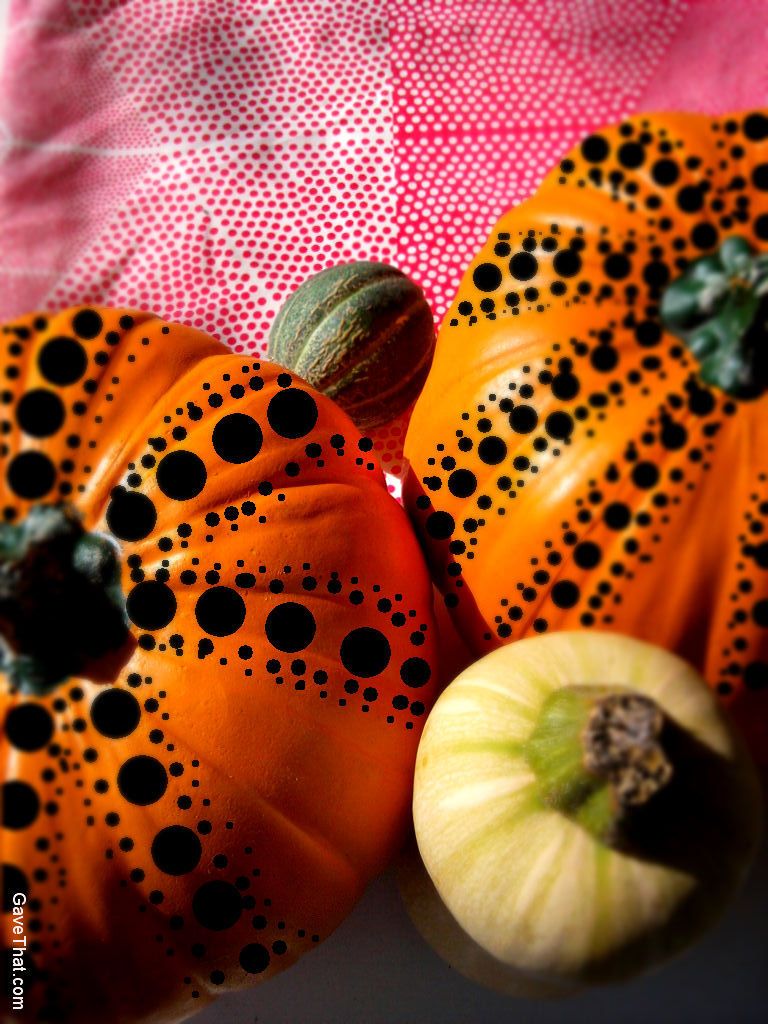 Black polka dot decorated fall Halloween pumpkins inspired by Yayoi Naoshime DIY project