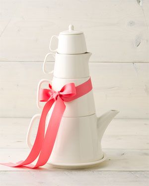 Simple white coffee tea gift set tower adorned with a pink gift bow from Classic Coffee and Tea via one of my favorite shopping haunts RueLaLa
