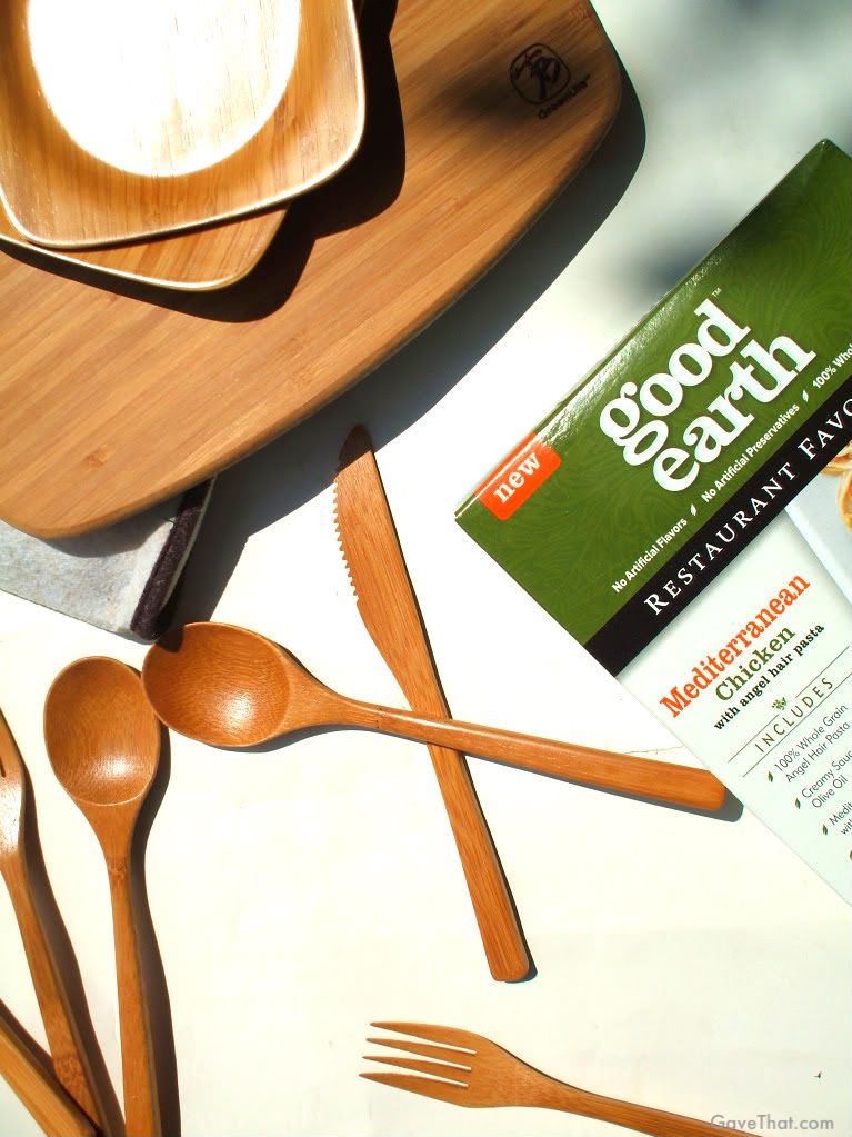 Good Earth giveaway at gave that prize pack including bamboo cutlery and dishes cutting board tote bag