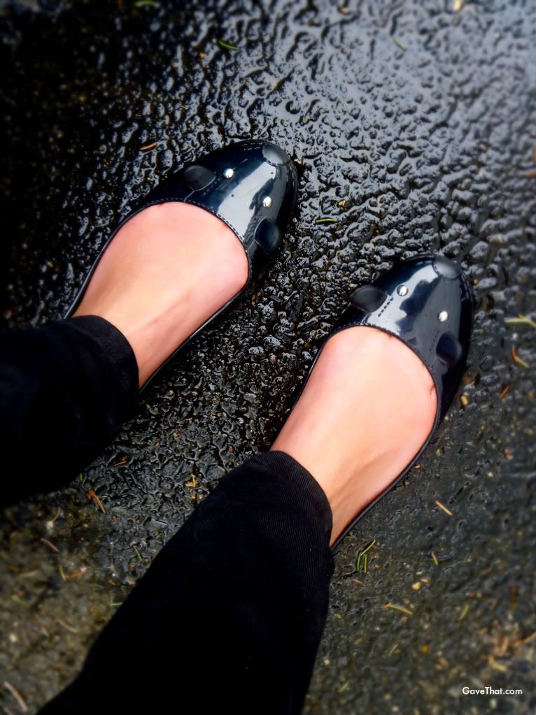 Black little jelly mouse flats in rainy puddles today