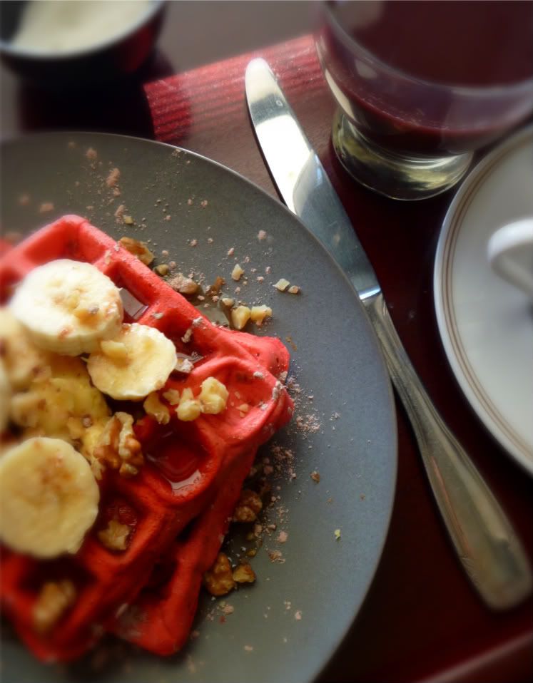 Red Velvet Belgium Waffles with chocolate powder sugar walnuts bananas syrup recipe for breakfast