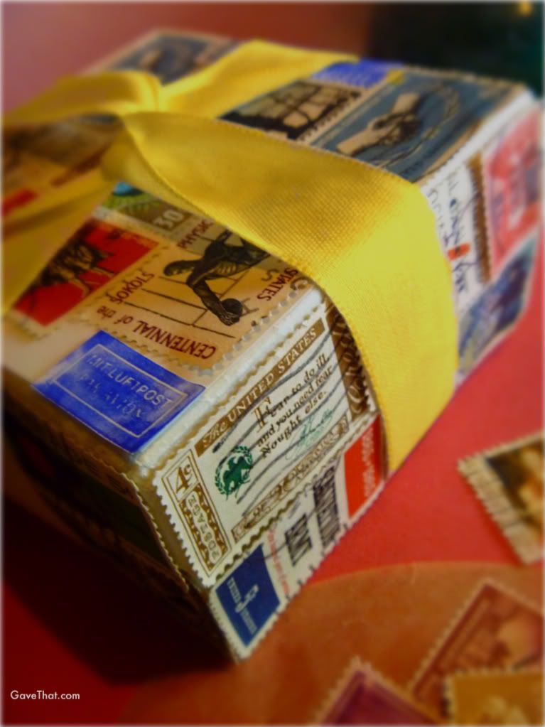 mam for gift wrap blog Gave That vintage postage stamp covered gift box DIY