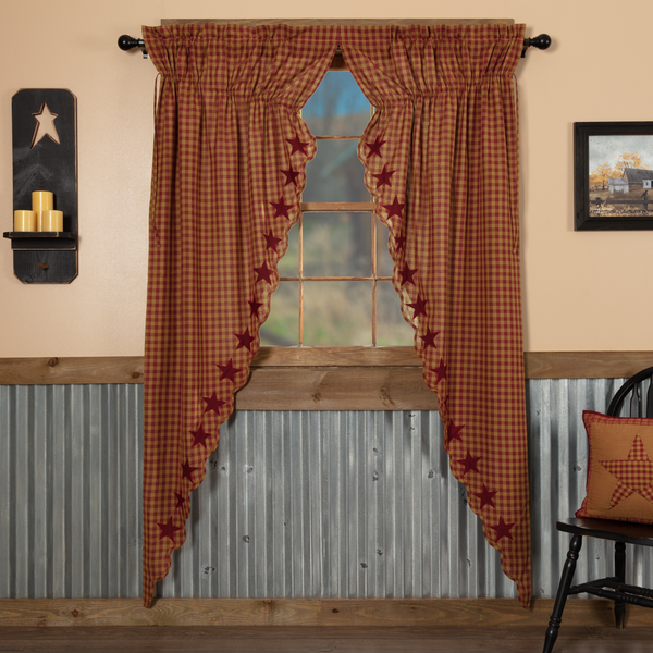 Burgundy Star Scalloped Cotton Country Primitive Window Long