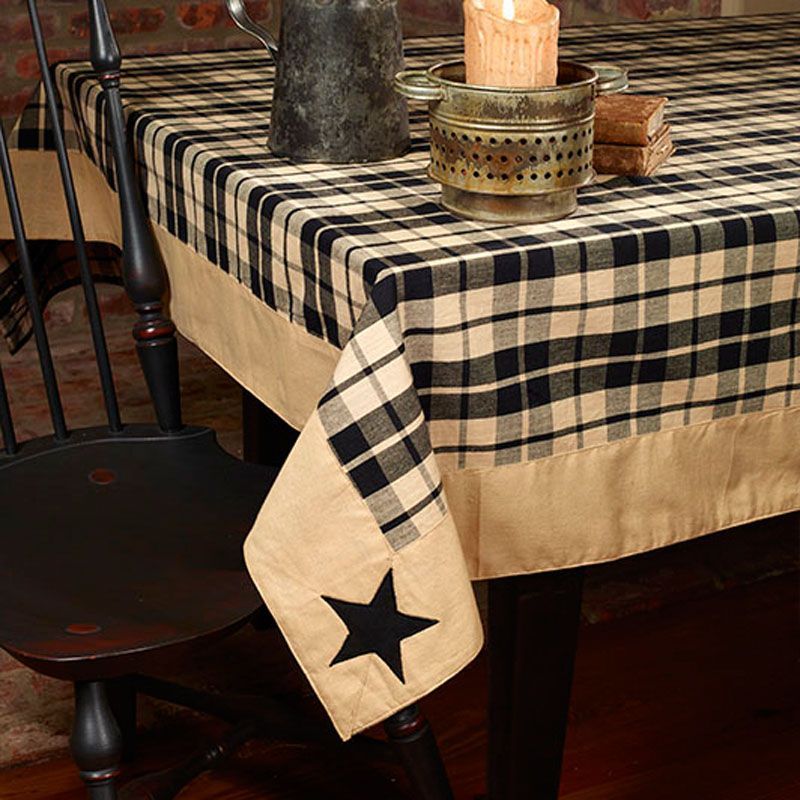 (1) Farmhouse Star Black Tan Plaid Primitive Applique Cotton Tablecloth ...