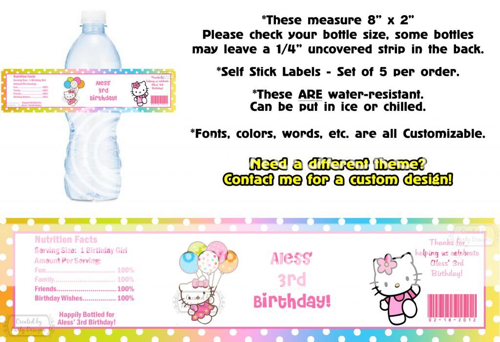 Hello Kitty Luau Printed Water Bottle Labels Birthday Party Favors Supplies