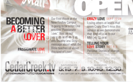 scan of Steamy and sexy message on Cedar Creek Church flyer