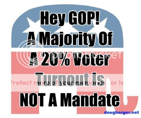 created image with the words Hey GOP! Getting A Majority Of A 20% Voter Turnout Is NOT A Mandate