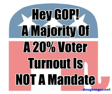 created image with the words Hey GOP! Getting A Majority Of A 20% Voter Turnout Is NOT A Mandate