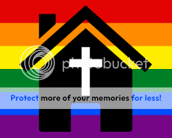 created clipart showing a rainbow flag behind a church