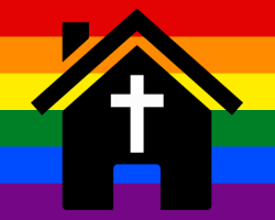 created clipart showing a rainbow flag behind a church