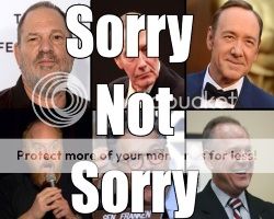 Collage of men accused of harassment with words Sorry Not Sorry on it